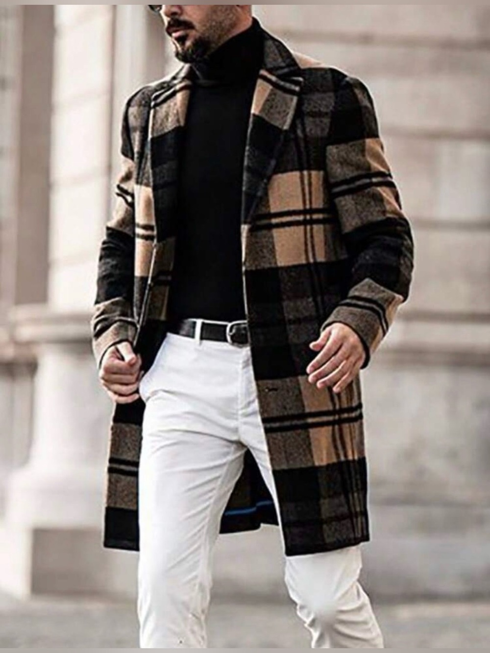 Men's Plaid Long Coat - Black & Tan - Picture 1 of 3